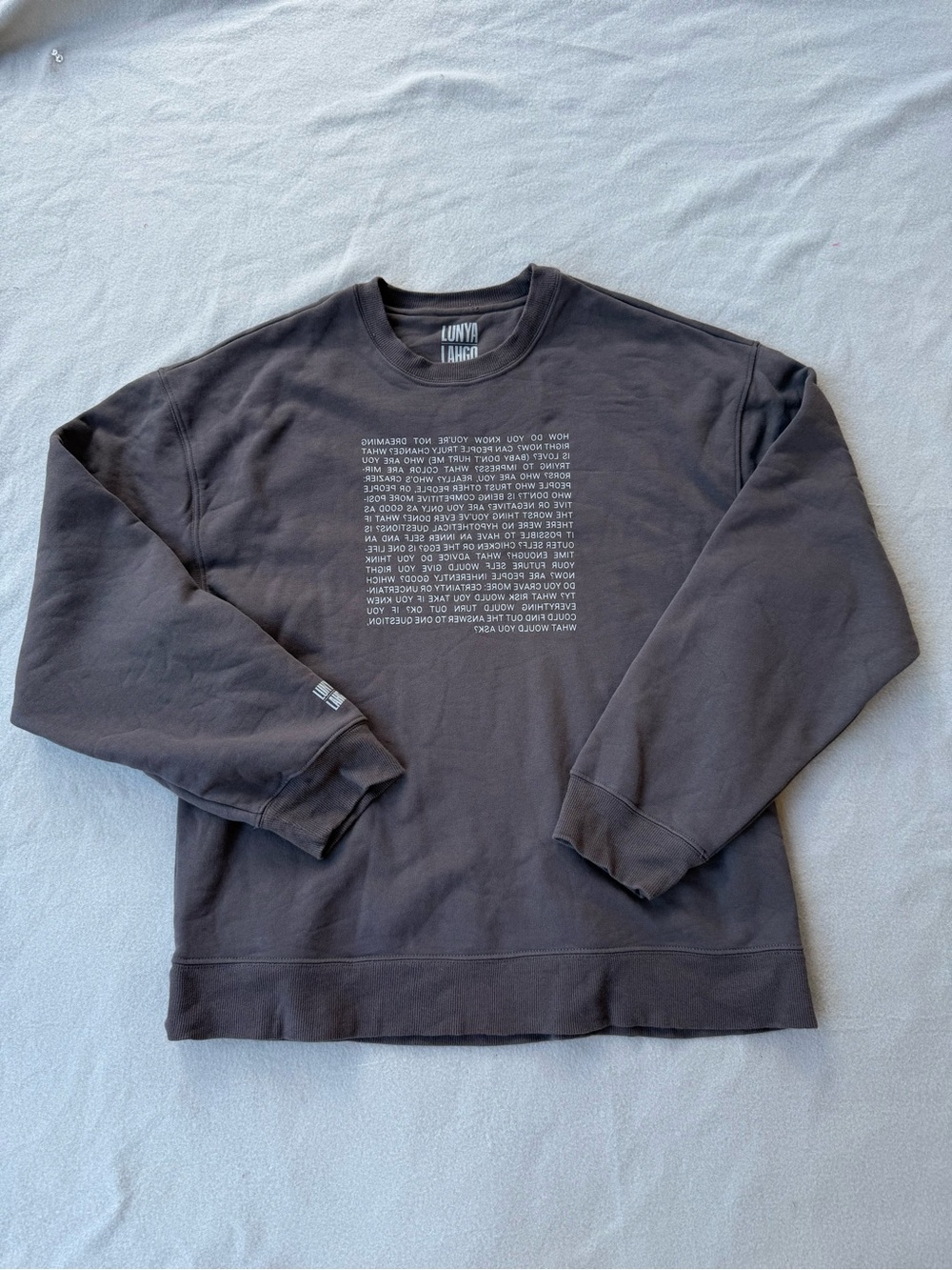 Lunya Lahgo Sweetshirt Men XL Dark Gray Quoted Print Letters Crew Neck Sweater